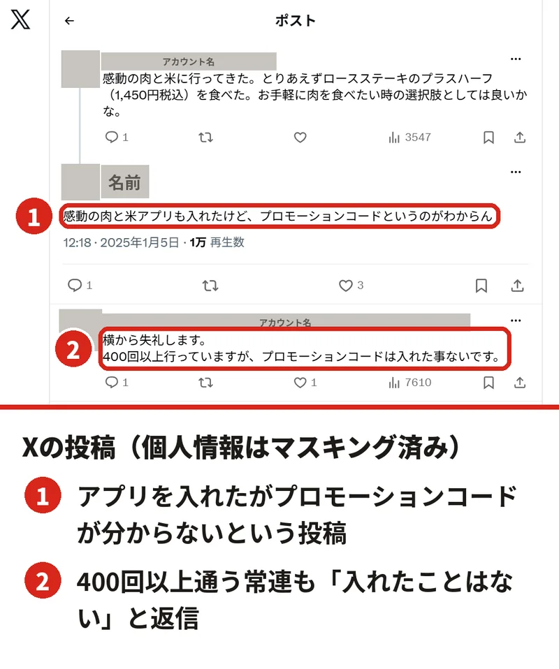 X(旧Twitter)で感動の肉と米アプリのプロモーションコードが分からないという投稿と、400回以上通う常連が入れたことはないと返信した様子。アカウント名とアイコンはマスキング済み