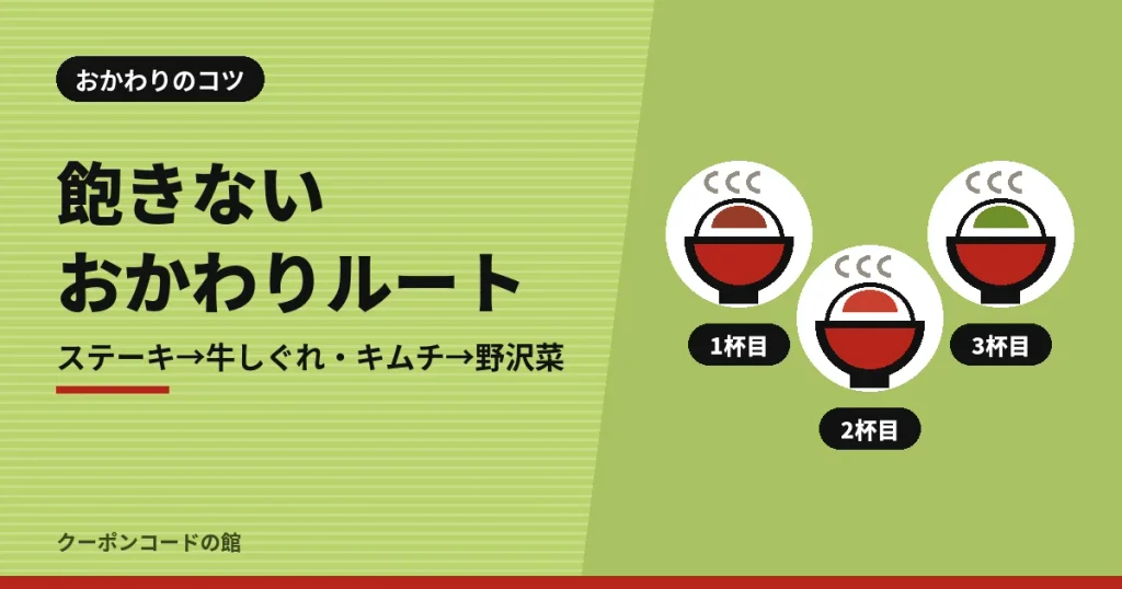 感動の肉と米のご飯・味噌汁・お供の食べ放題を満喫するコツの見出し画像。具の違うご飯茶碗3つのイラスト