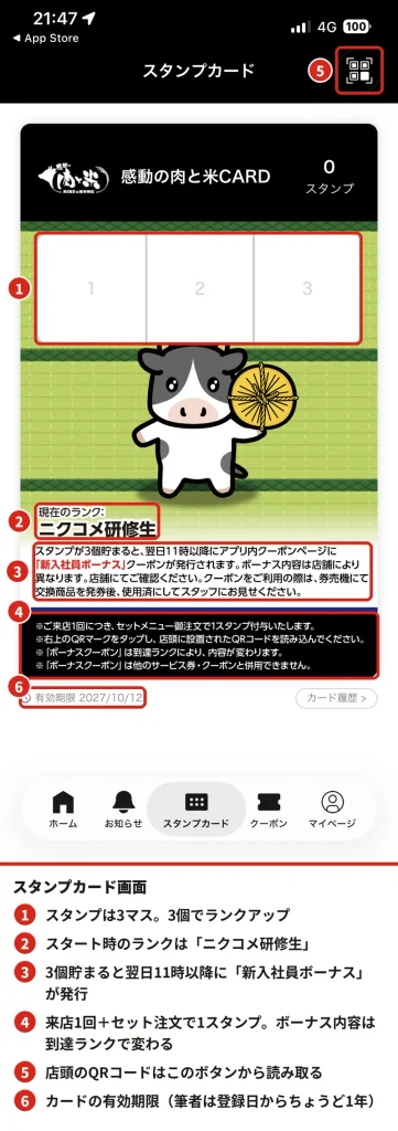 感動の肉と米アプリのスタンプカード画面。スタンプ3マス、現在のランク「ニクコメ研修生」、新入社員ボーナスの発行条件、スタンプ付与条件、QR読み取りボタン、有効期限を赤枠で示した実機スクリーンショット