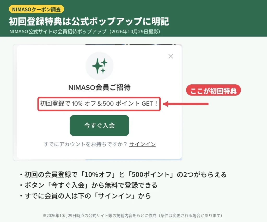 NIMASO公式サイトの初回登録で10%オフと500ポイントがもらえる会員招待ポップアップ