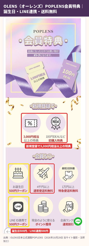 POPLENS会員特典｜新規登録で3000円相当以上の特典・誕生日500円クーポン・LINE ID連携500円クーポン・4000円以上送料無料