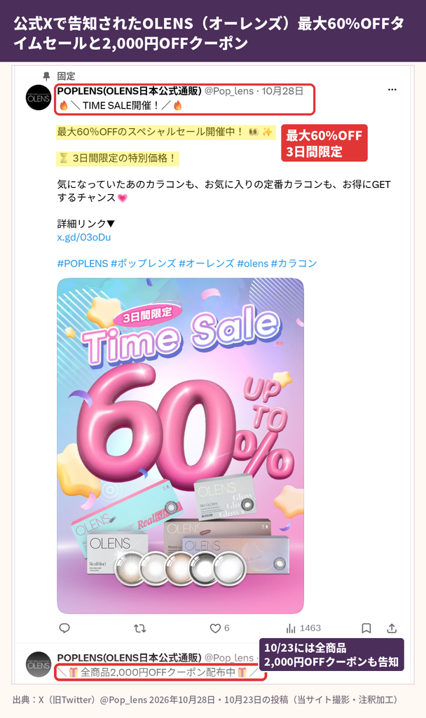OLENS（オーレンズ）公式Xの投稿｜3日間限定最大60%OFFタイムセールと全商品2000円OFFクーポン配布の告知
