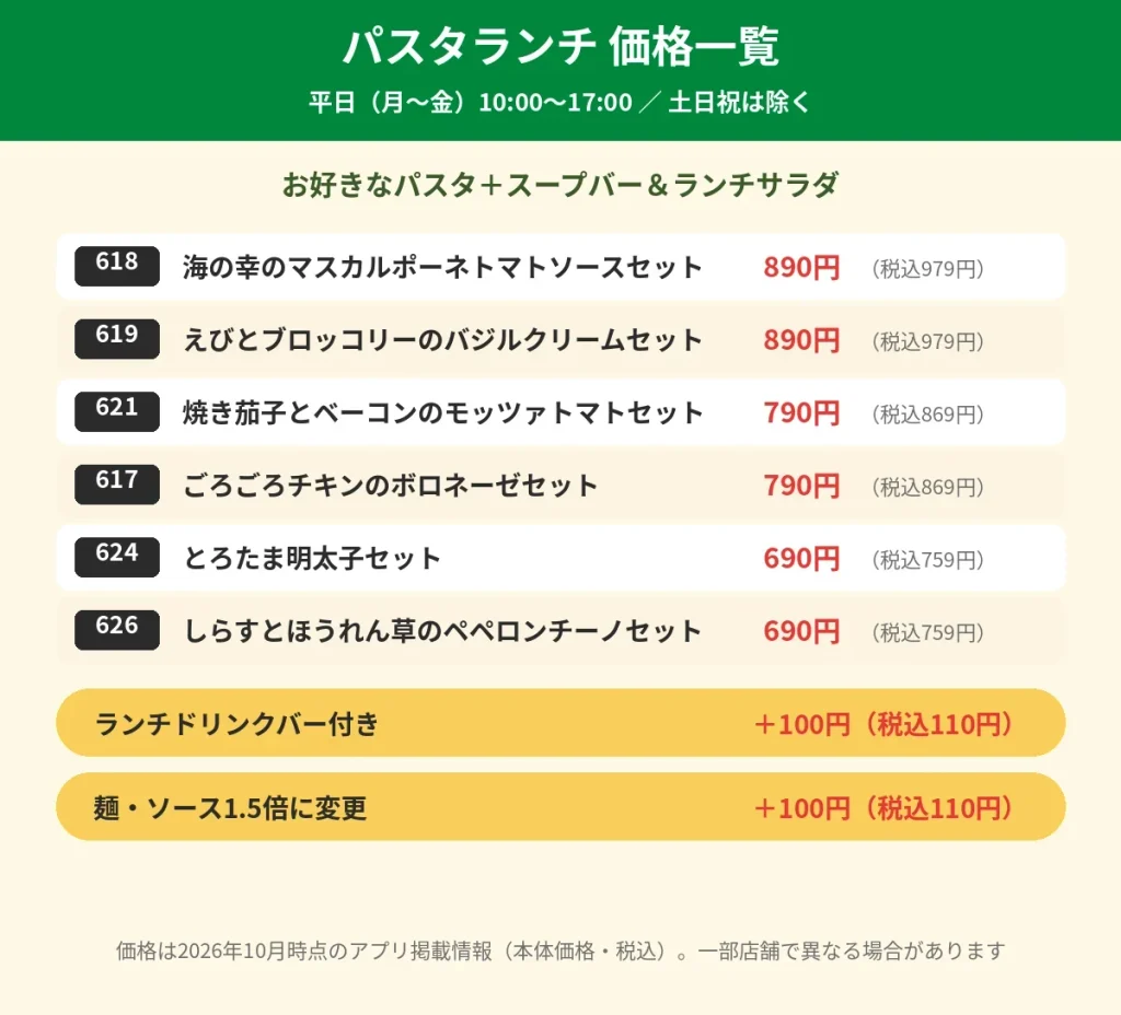 オリーブの丘の平日パスタランチ価格一覧(2026年10月)。税込759円から979円、ランチドリンクバーは税込110円で追加