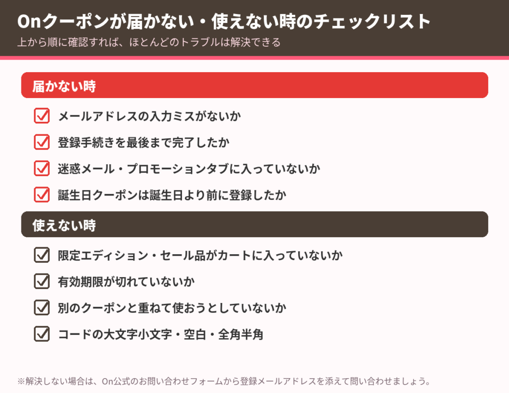 Onクーポンが届かない・使えない時のチェックリスト。迷惑メール、登録漏れ、対象外商品、有効期限を確認