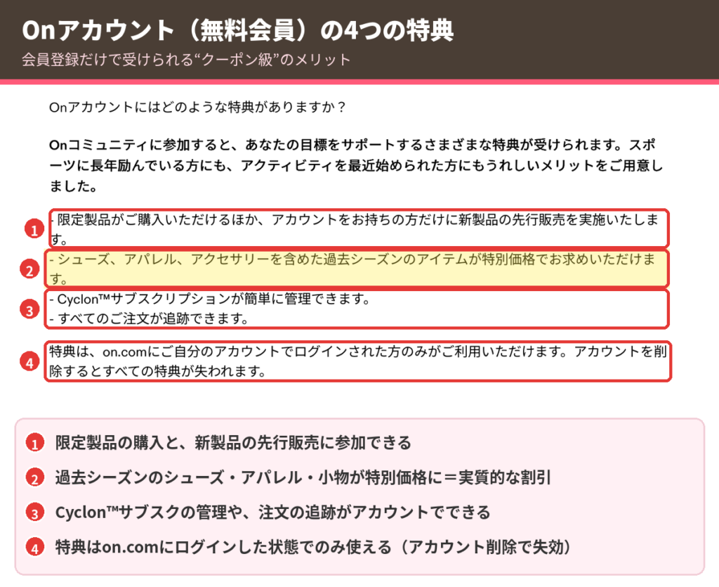 On無料会員の特典。限定製品の購入・新製品の先行販売・過去シーズン品の特別価格
