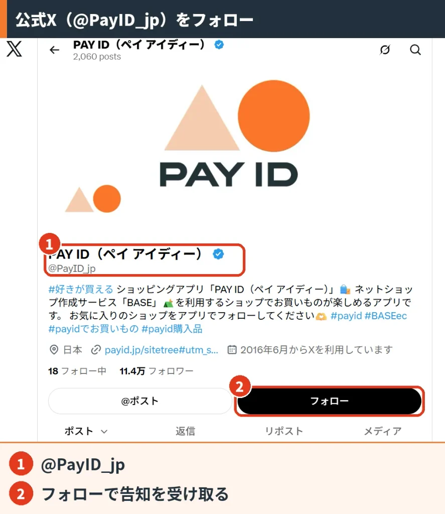 PAY ID公式Xアカウントのプロフィール。アカウント名は@PayID_jpでフォロワーは約11.4万人