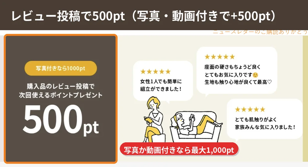 クオリアルの購入品レビュー投稿で500ポイント、写真・動画付きで最大1,000ポイントの特典