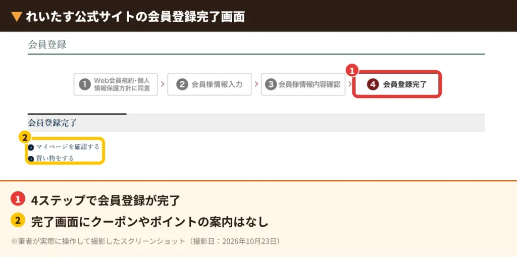 れいたす公式サイトの会員登録完了画面。登録直後にクーポンの案内はなし