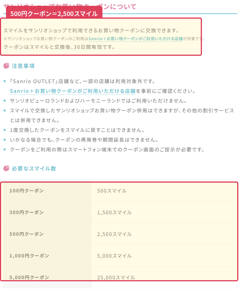 Sanrio+でお買い物クーポン交換に必要なスマイル数を確認する画面の例