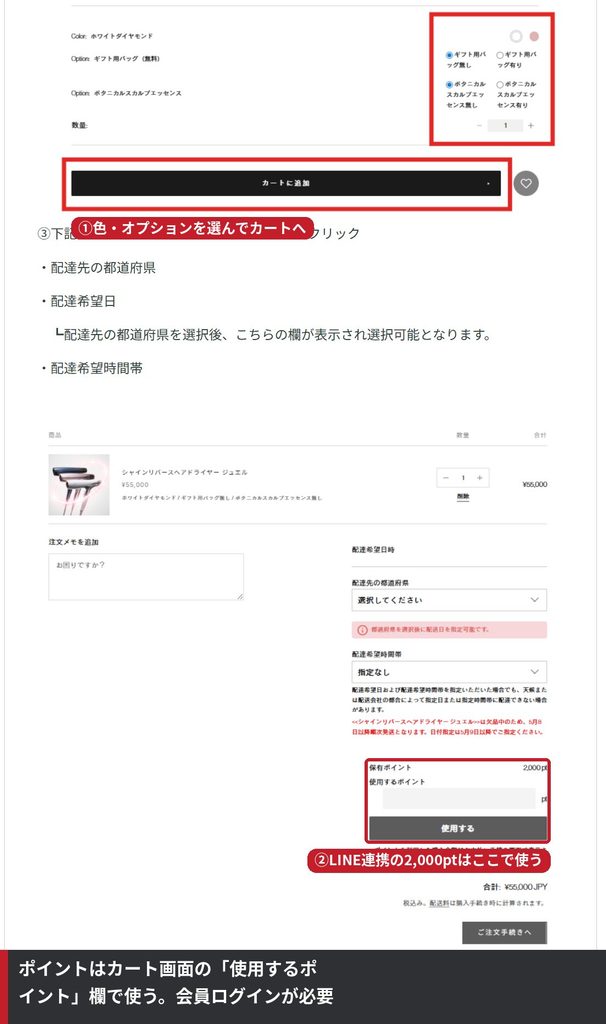 ステラボーテ公式オンラインストアのカート画面。カートに追加ボタンと、保有ポイントを入力する欄を赤枠で示した画像