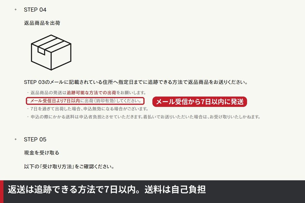 全額返金保証キャンペーンのSTEP04。返品商品を追跡可能な方法でメール受信日から7日以内に発送する説明
