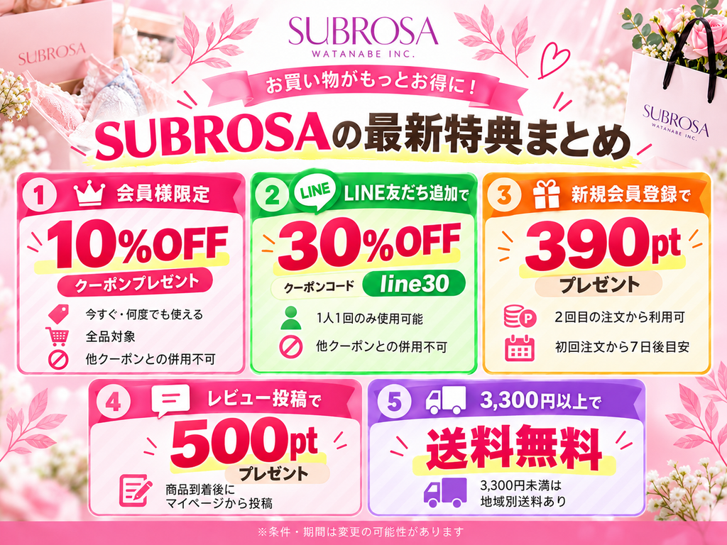SUBROSAの最新特典まとめ。会員10%OFF、LINE友だち追加30%OFF、新規登録390ポイント、レビュー500ポイント、3,300円以上送料無料を一覧で紹介。