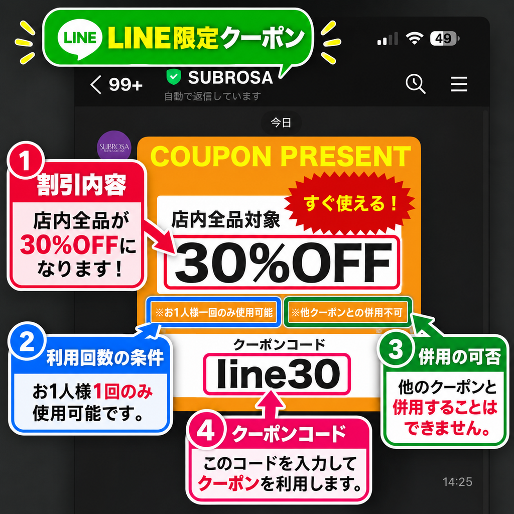 SUBROSAのLINE限定30%OFFクーポン条件を解説。店内全品30%OFF、1人1回、他クーポン併用不可、クーポンコードline30を紹介。