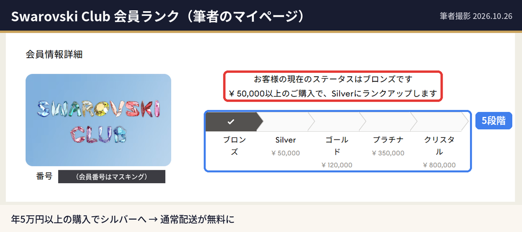 Swarovski Clubのマイページで確認できる会員ランク|ブロンズから50,000円以上でシルバー