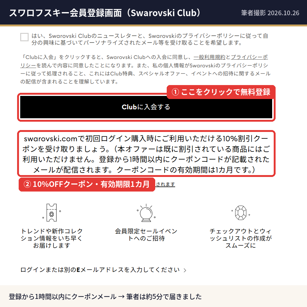 スワロフスキー公式サイトのSwarovski Club会員登録画面と10%割引クーポンの案内