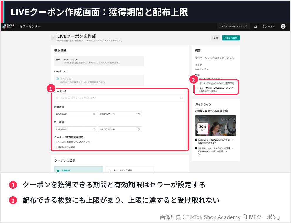 TikTok ShopのLIVEクーポン作成画面。  クーポンの獲得期間・有効期限と配布枚数の上限を赤枠で示した画像
