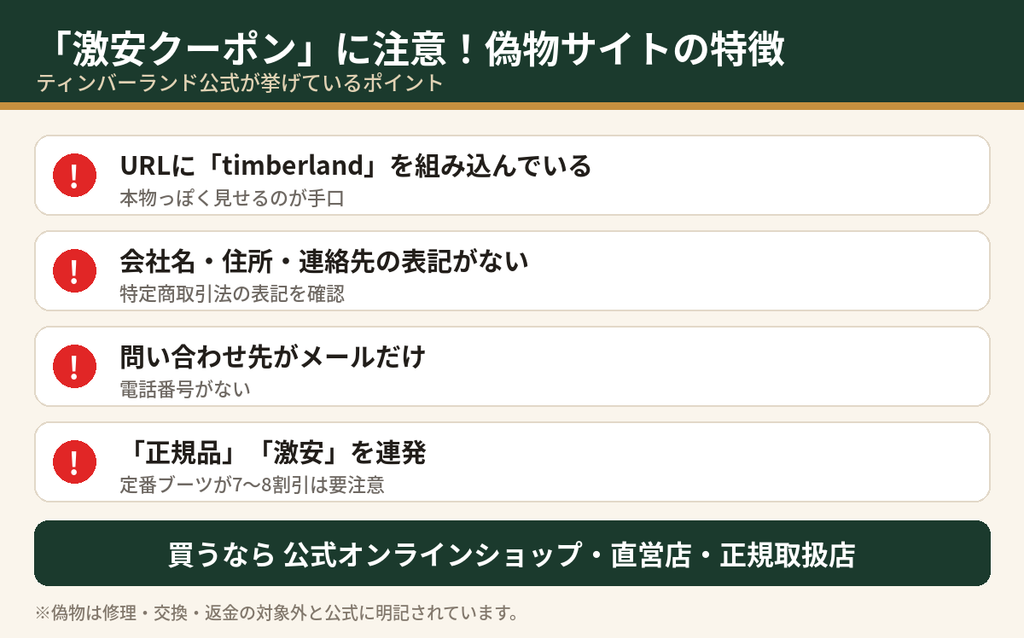 ティンバーランドの偽物サイトの特徴チェックリスト（URLにtimberland・会社情報なし・問い合わせがメールのみ・正規品や激安の連発）