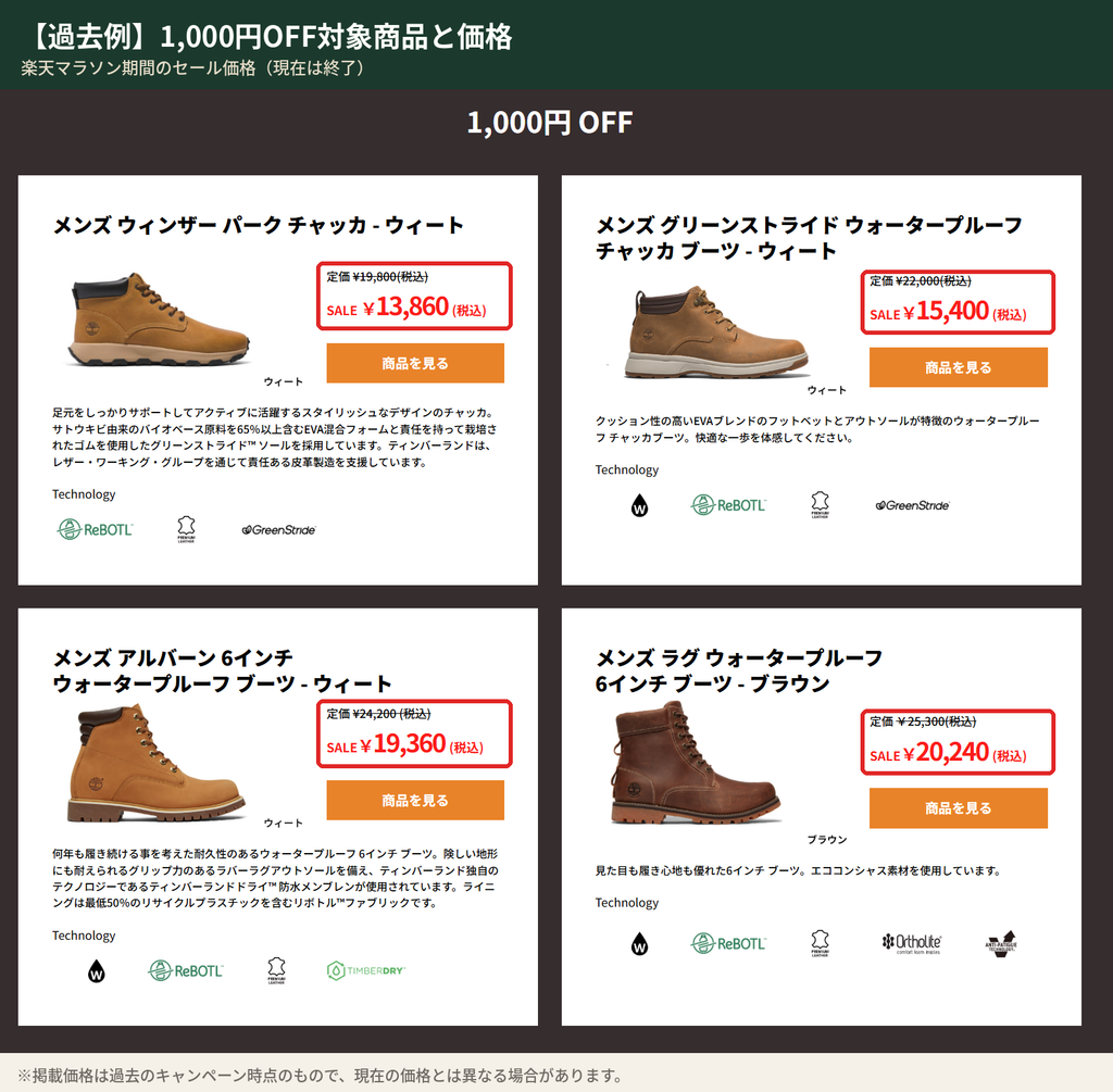 楽天マラソン時に1,000円OFF対象だったティンバーランドのチャッカブーツ・6インチブーツと価格（過去例）