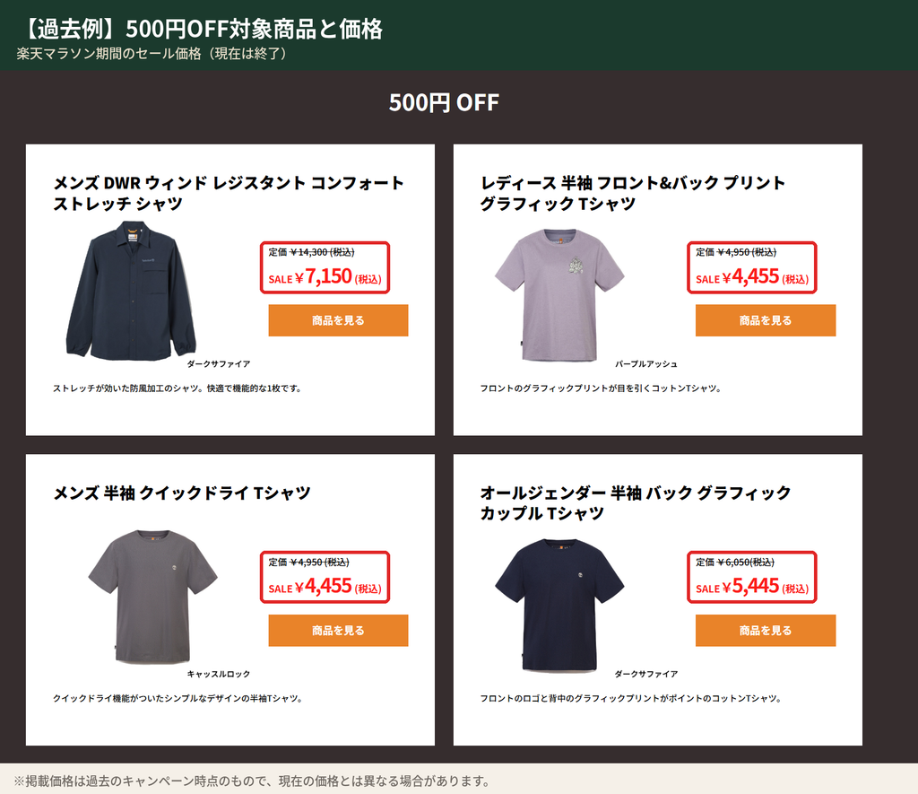 楽天マラソン時に500円OFF対象だったティンバーランドのシャツ・Tシャツと価格（過去例）