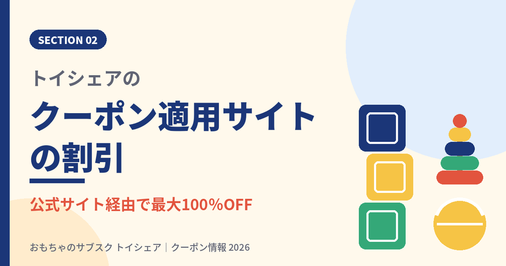 トイシェアのクーポン適用サイトの割引を解説する見出し画像。公式サイト経由で初月最大100%OFF