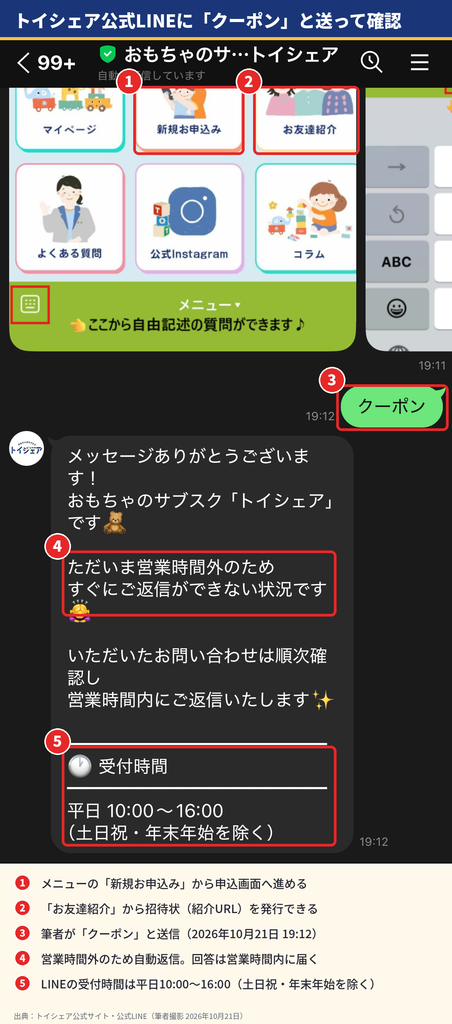 トイシェア公式LINEにクーポンについて問い合わせた画面。営業時間外の自動返信と受付時間(平日10時から16時)