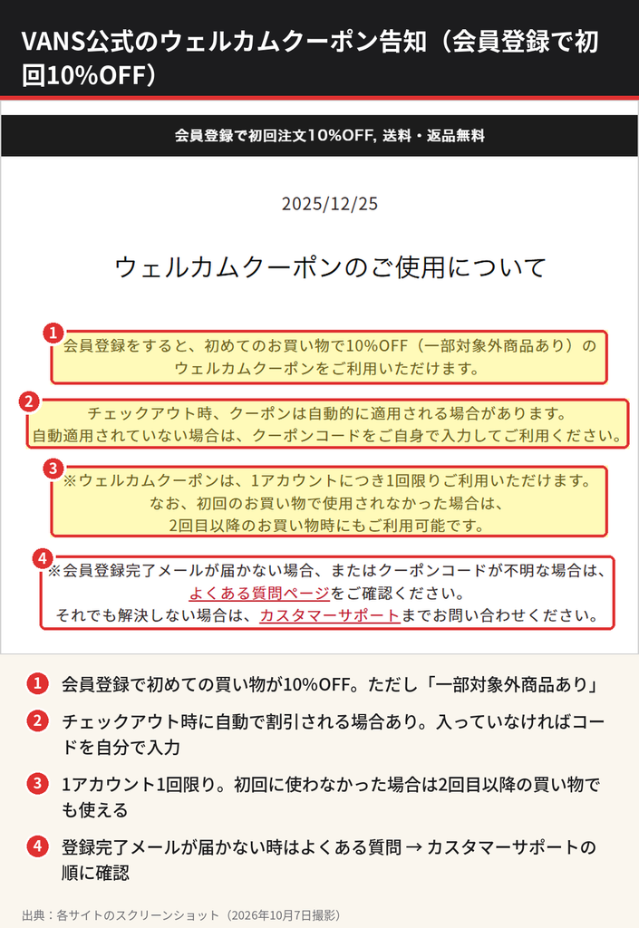 VANS公式のウェルカムクーポン告知画面。会員登録で初回10%OFF、1アカウント1回限りで2回目以降も利用可能