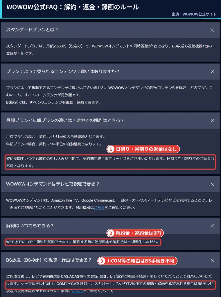 WOWOW公式FAQ 解約はWebでいつでも可能で違約金なし 日割り返金はなし