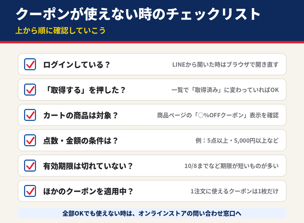 ゼビオのクーポンコードが使えない時のチェックリスト。ログイン、取得済みか、対象商品か、点数や金額の条件、有効期限、併用不可を確認