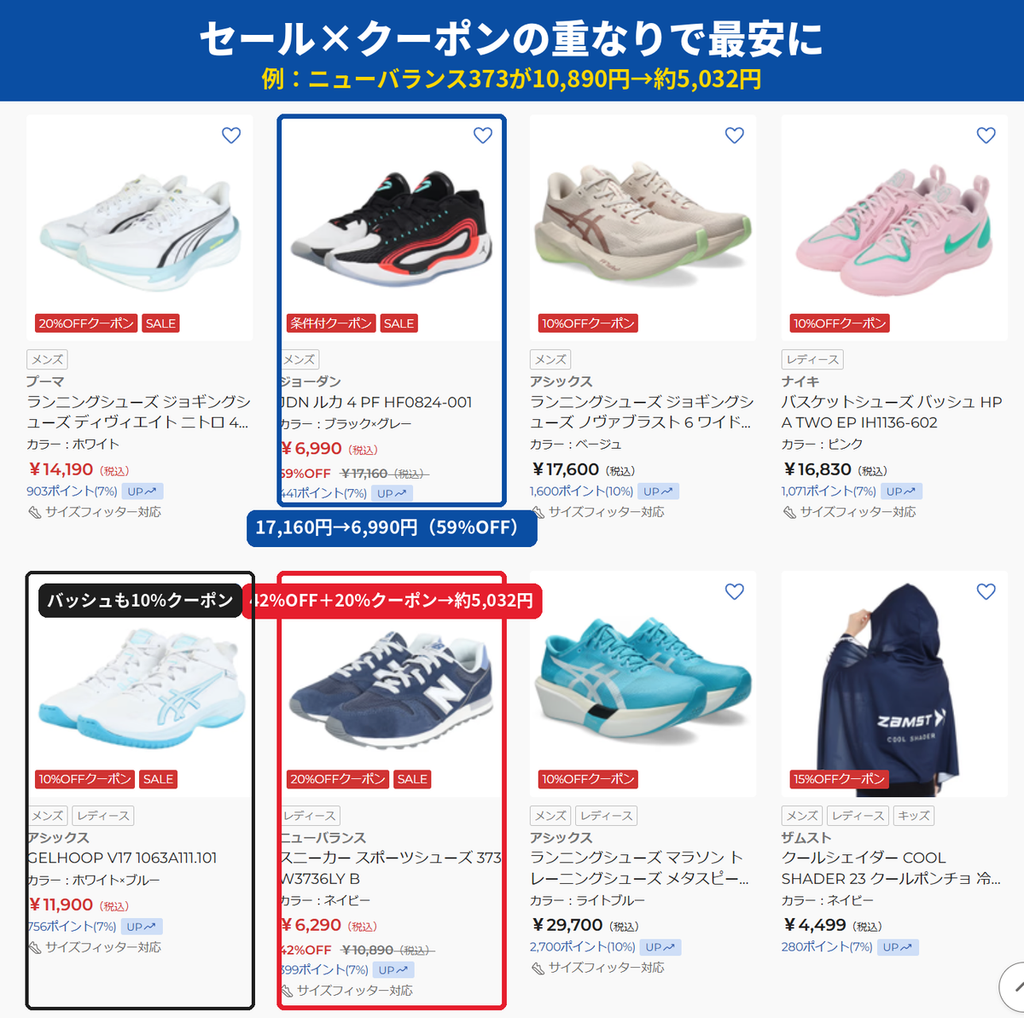 ゼビオのセール価格とクーポンが重なる商品例。ニューバランス373は42%OFFに20%OFFクーポン、ジョーダン ルカ4 PFは59%OFF