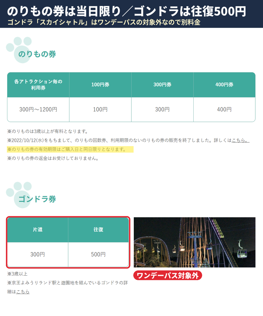 よみうりランドののりもの券とゴンドラ券の料金表｜のりもの券は1回300円〜1,200円で当日限り、ゴンドラは片道300円・往復500円